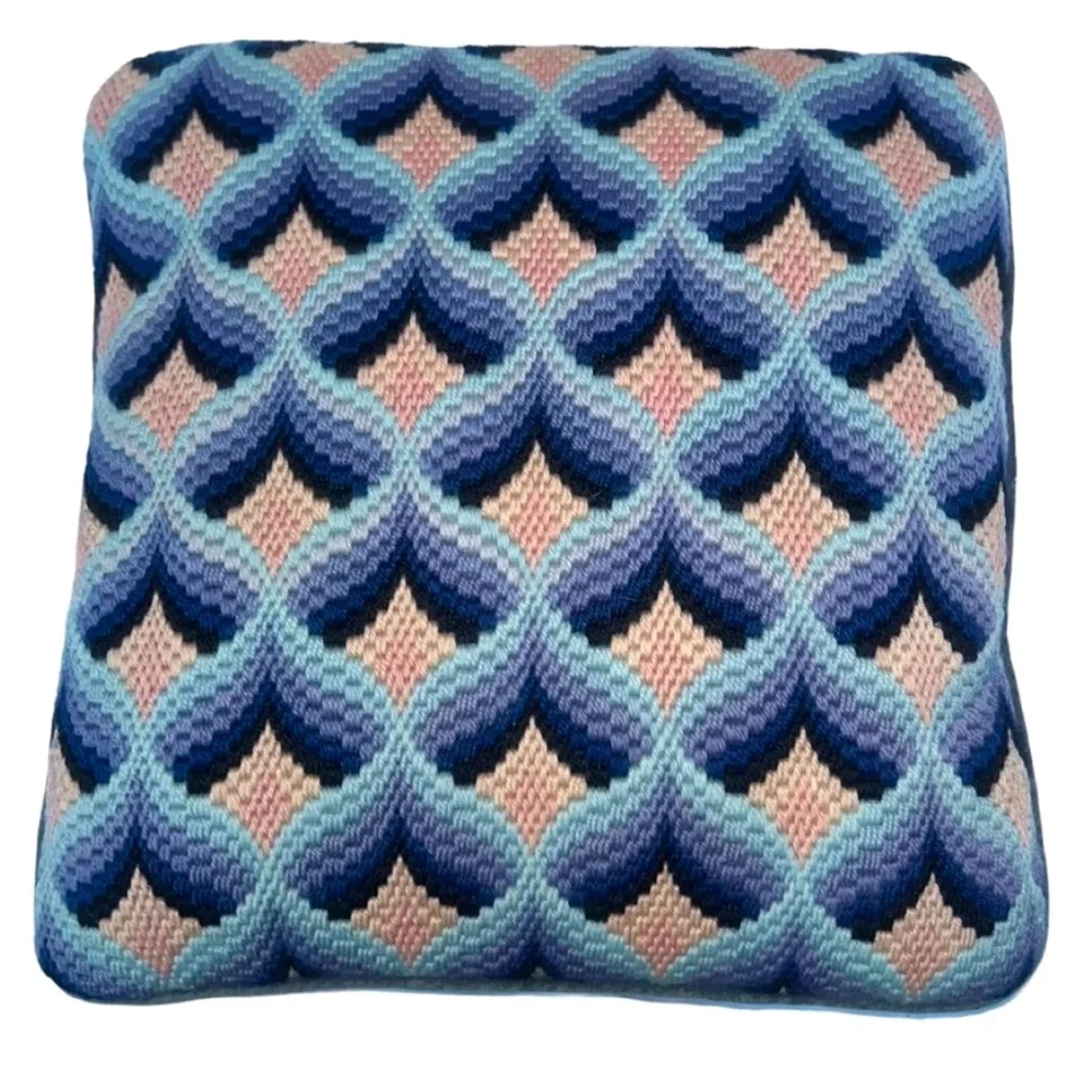 Antique Needlepoint HAND MADE BLUE tan shabby chic 3D Hearts  pillow 13